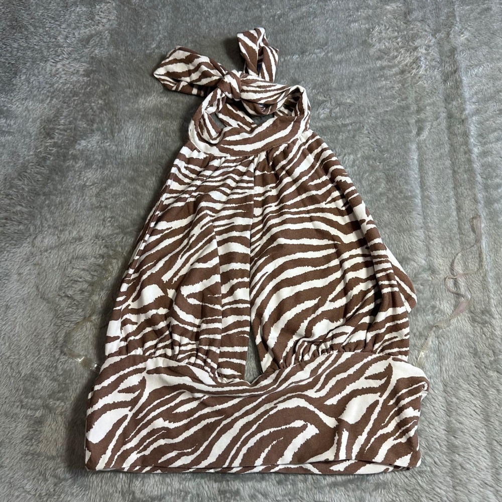 Almost Famous Zebra Print Halter Top Brown White Keyhole Medium
